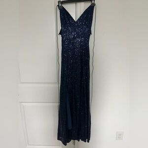 Navy sequin prom dress with slit
